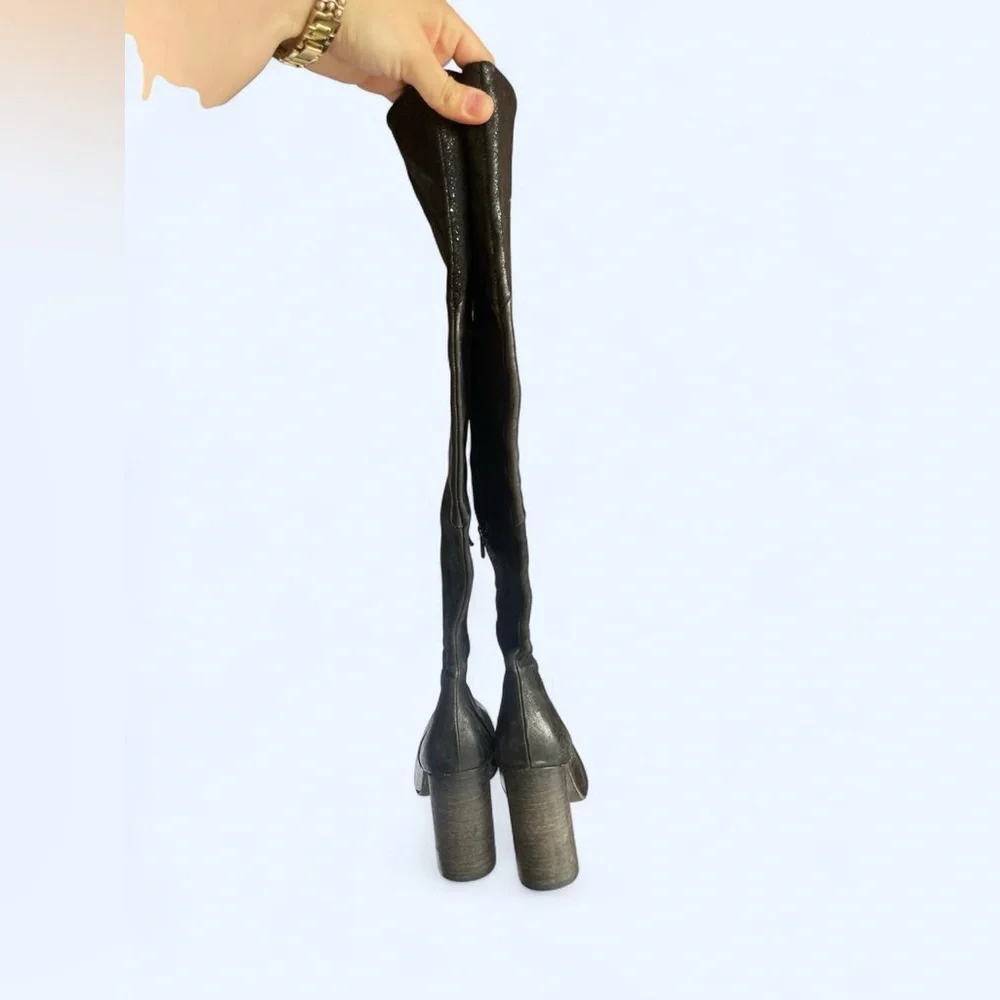 Black patchwork leather knee‎ high boots with a chunky heel pointed toe size 5.5